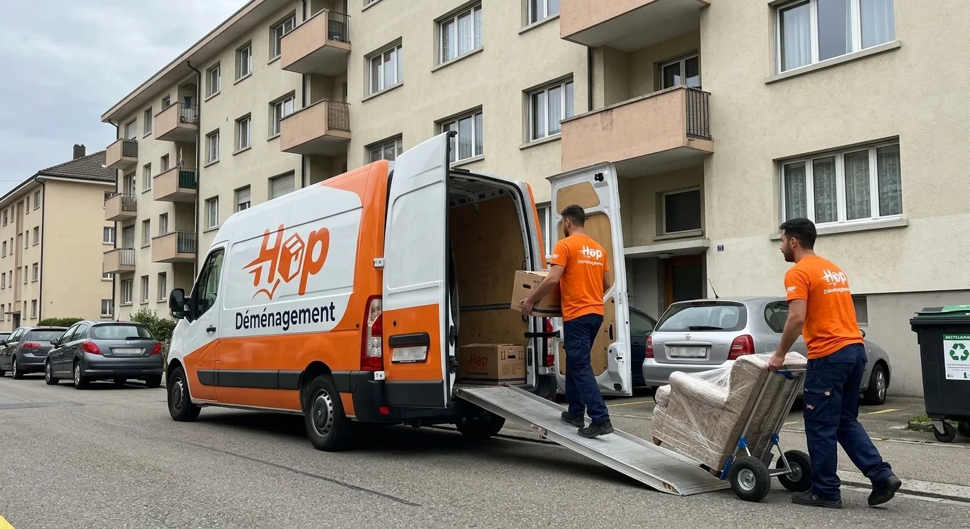 Camion Hop et déménageurs transportant un meuble en Suisse romande