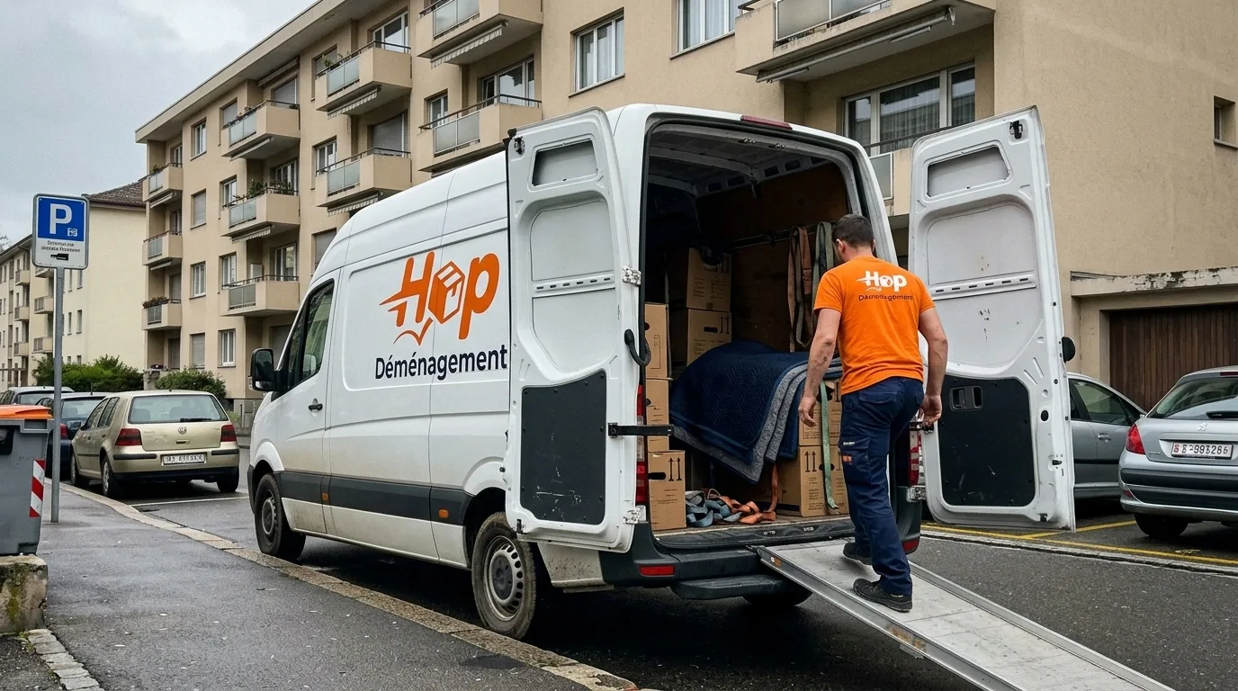 Camion Hop Déménagement avec rampe devant un immeuble