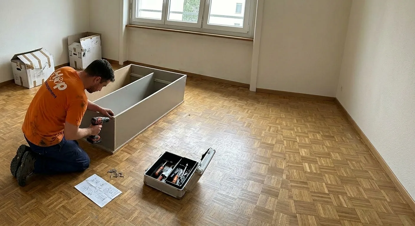 Déménageur Hop assemblant un meuble dans un appartement